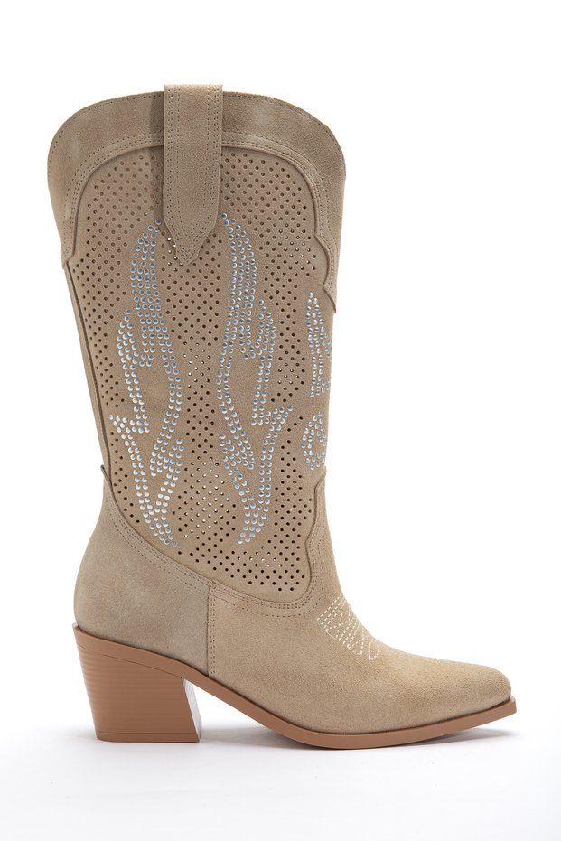 Beige Skin Cream Genuine Suede Stone Studded Perforated Summer Western Cowboy Boots