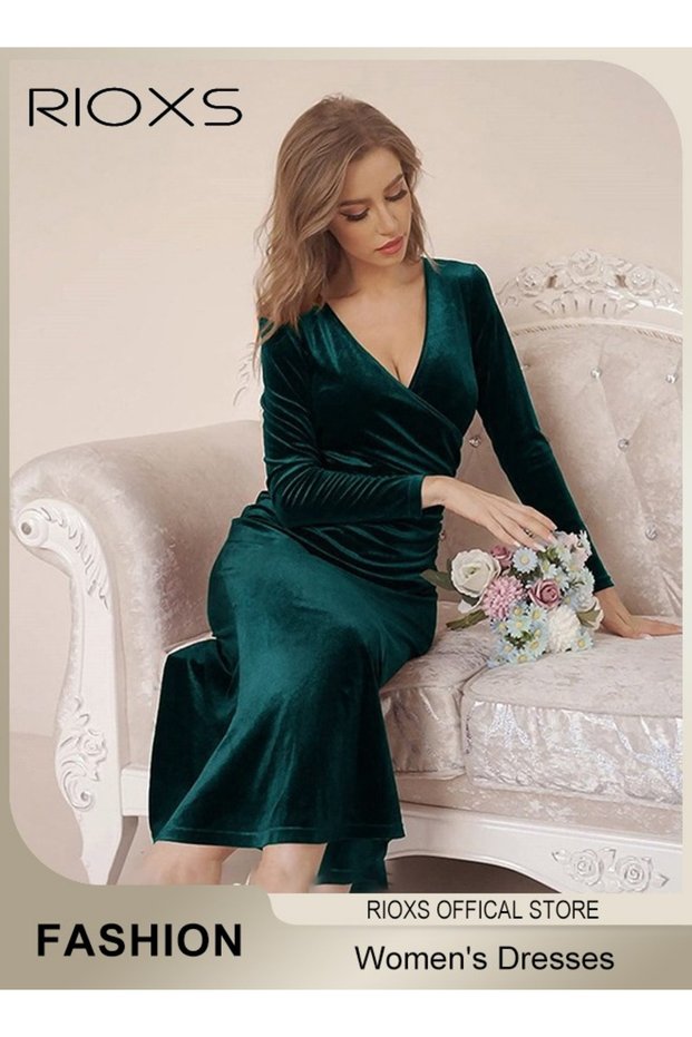 Women's V-neck Dresses, Wrap Hip Skirt Long Sleeves Dress, Bodycon Dresses For Women, Elegant Fishta