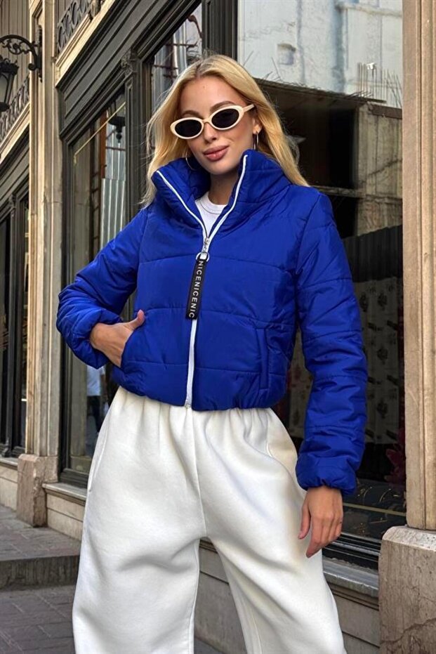 Cobalt Blue Stone Printed Stand Collar Short Puffer Jacket