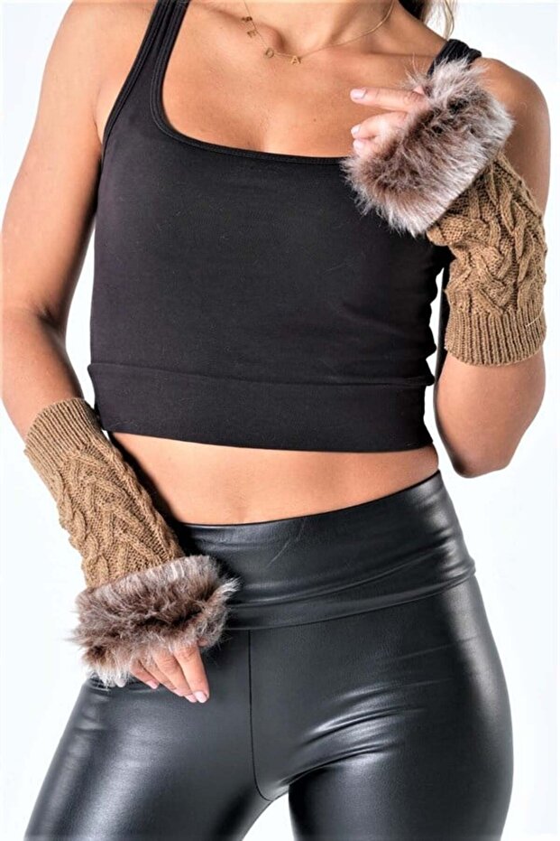 Brown Fur Wool Fingerless Gloves