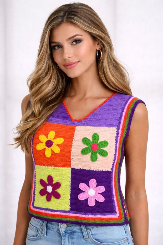 Hand Knitted Motif Floral Women's Sweater Blouse Standard Size