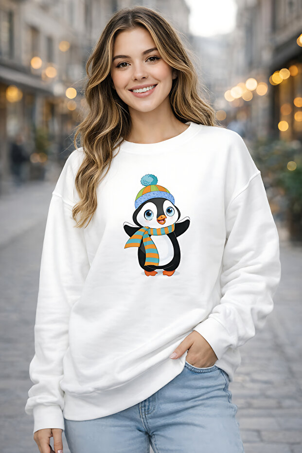 Penguin Character Printed Relaxed Fit Fleece-Lined 3 Thread Crew Neck Sweatshirt