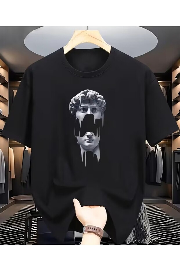MEN'S ARTISTIC STONE SCULPTURE PRINT BLACK T-SHIRT