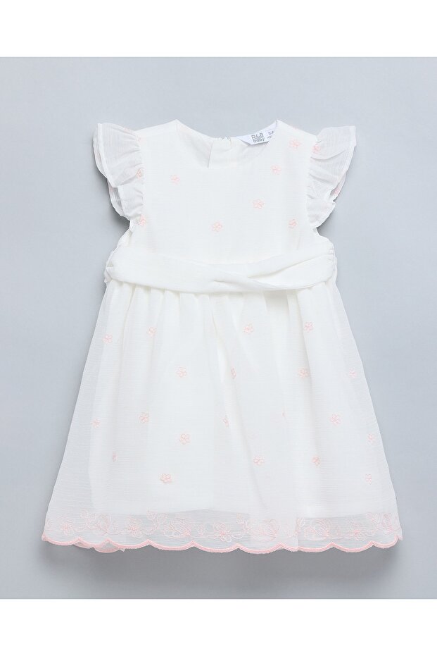 Embroidered Fit & Flare Dress With Crew Neck And Flutter Sleeves