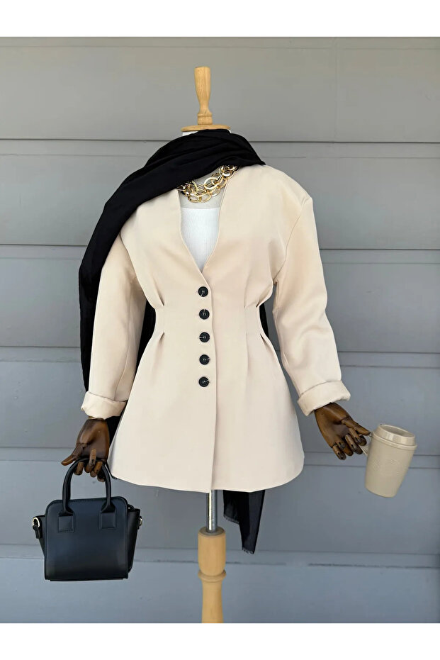 Pileli Blazer Ceket - ES - Taş - 4