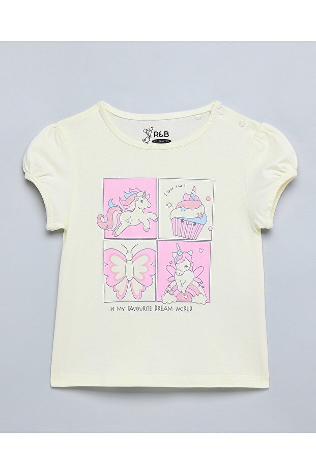 Unicorn Print Top With Crew Neck And Puff Sleeves