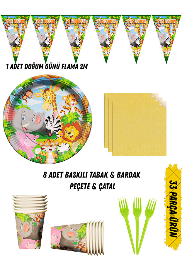 Safari Animals Themed Birthday Party Set Plate & Cup & Napkin & Fork