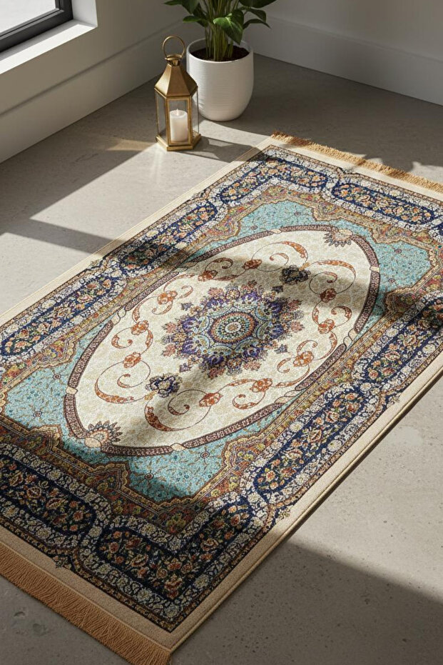 Shiny Textured Velvet Prayer Rug - Anatolian Pattern - 03 - Blue