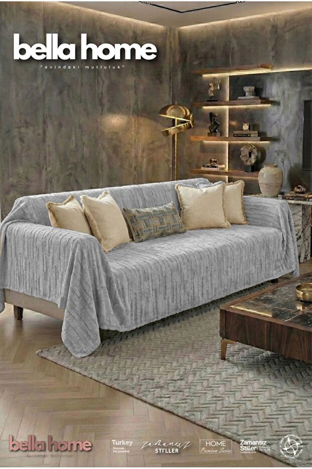 غطاء أريكة من الصوف المنقوش - ملمس ناعم، يحافظ على الدفء، تصميم عصري - رمادي
