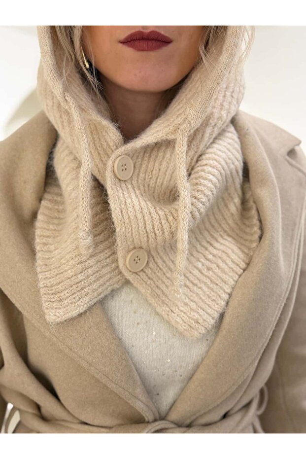 Krem Düğmeli Balaklava - 3