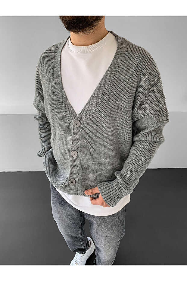 Düğmeli Premium Oversize Triko Örme Hırka - 2