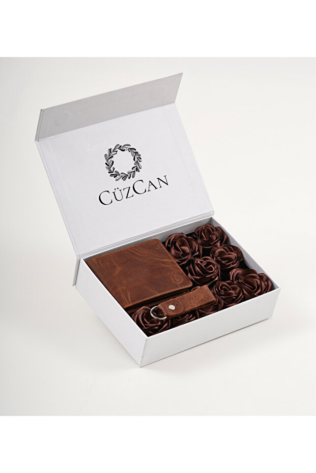 Premium Gift Rose Box - Joseph Antique Tan Genuine Leather Wallet - Keychain and Coffee Rose Box