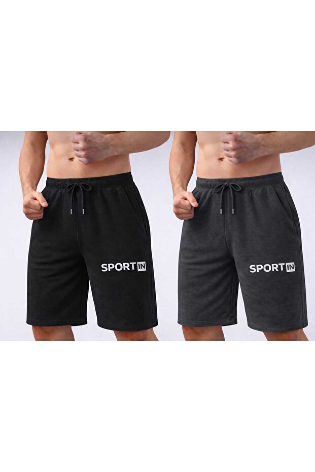 2-Pack Black-Smoked Pocketed Sport Casual Bermuda Training Shorts - Men's Sport İn B Printed Athlete Shorts