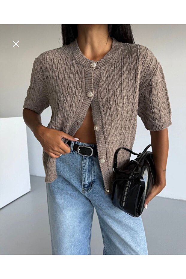 Crew Neck Cable Knit Short Sleeve Women's Knit Cardigan Textured Quality
