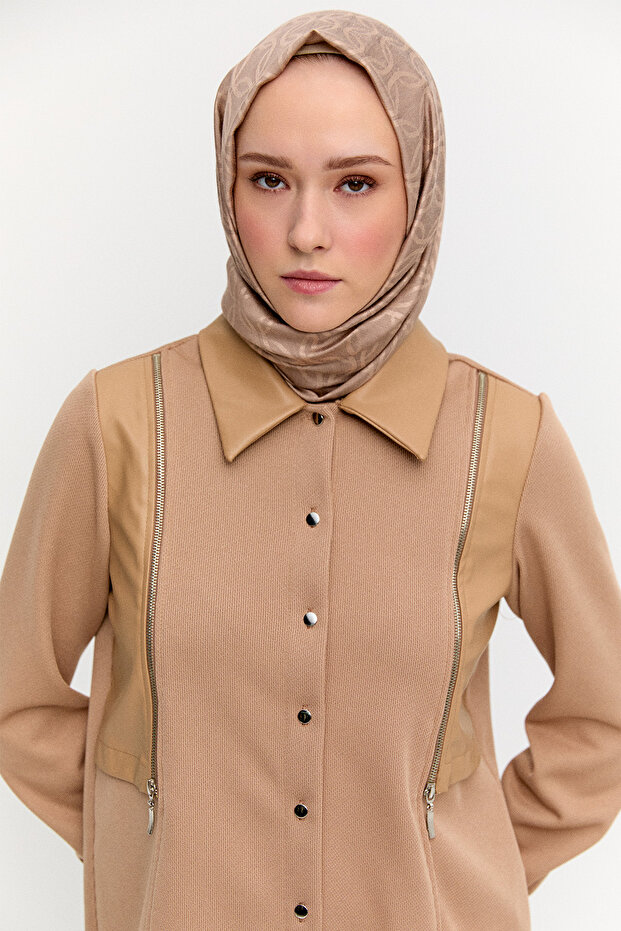 Suni Deri Detaylı Örme Tunik - 4