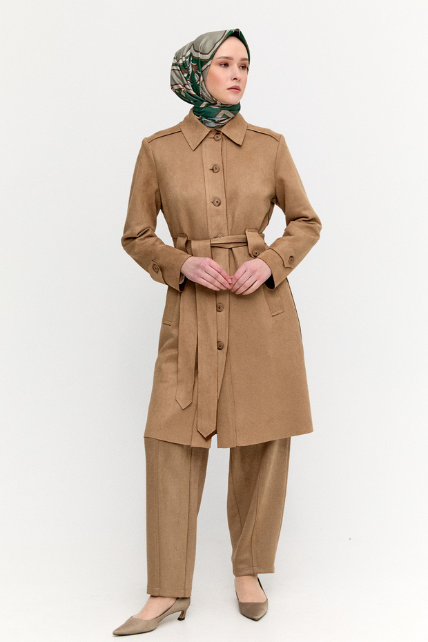 Kuşaklı Süet Görünümlü Kap - 3