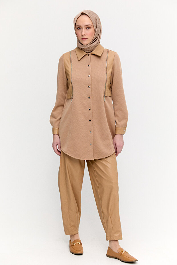 Suni Deri Detaylı Örme Tunik - 2