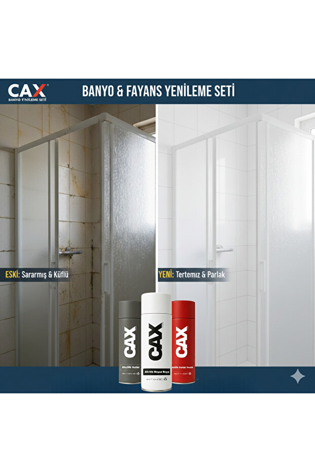 caxcolors Fayans ve Duşakabin Yenileme Seti - Suya Dayanıklı Beyaz Boya + Akrilik Astar + Parlak Vernik 400ml