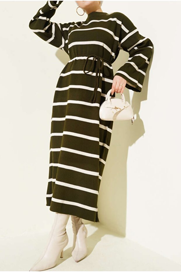 Bed Striped Rope Lace-Up Knitwear Dress
