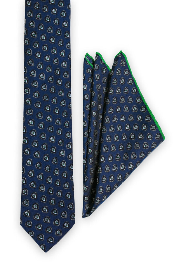 مجموعة ربطة عنق حريرية منقوشة باللون الأزرق الداكن - 2