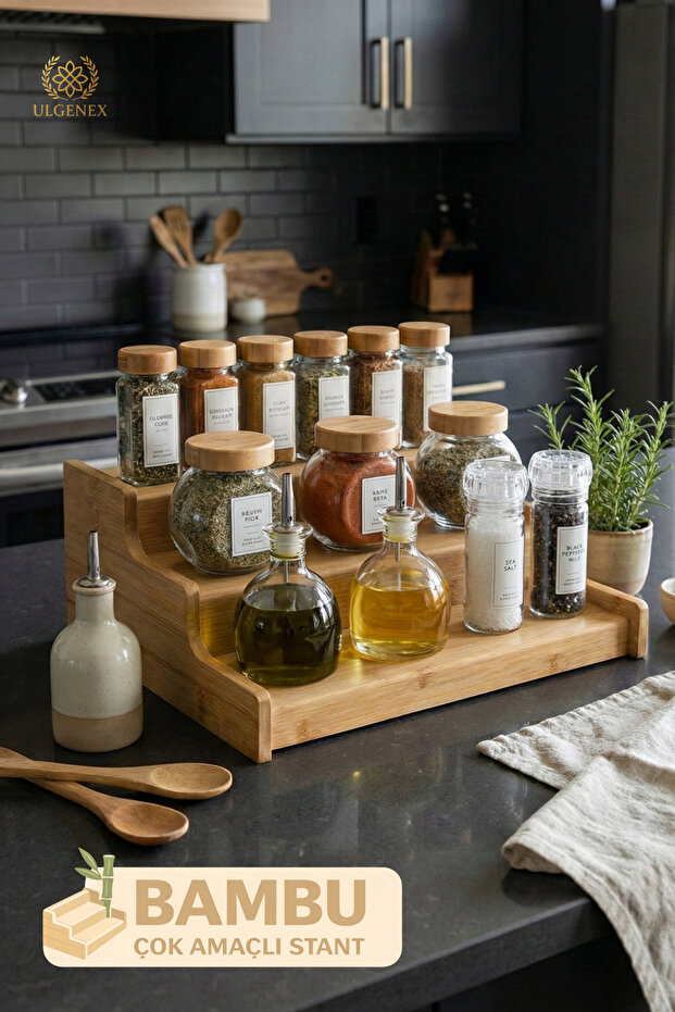 Bamboo 3-Tier Spice Rack Stand - Countertop and Cabinet Organizer Kitchen Shelf - Wooden Organizer