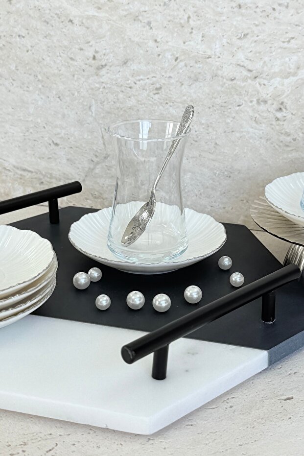 Aura Silver 6-Person 12 cm 6-Piece Premium Porcelain Tea Plate Set Platinum Pearl