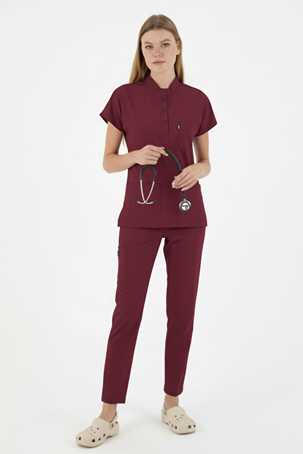 Burgundy Petra Premium Stretch Fabric Fabric Bottom Top Doctor Nurse Scrub Set Scrubs Uniform
