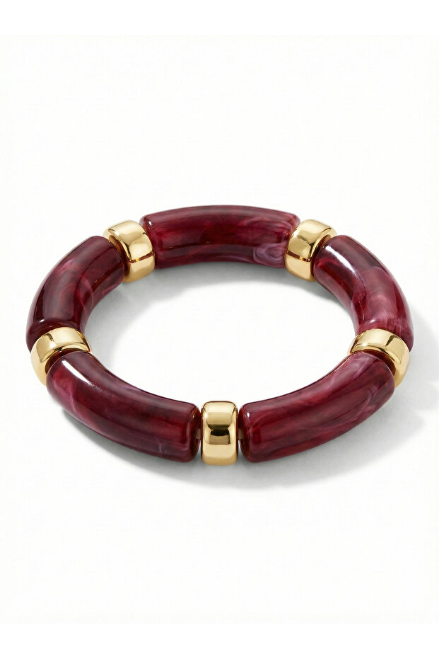 Burgundy Marble Patterned Gold Detailed Elastic Women's Bracelet I Special Boxed