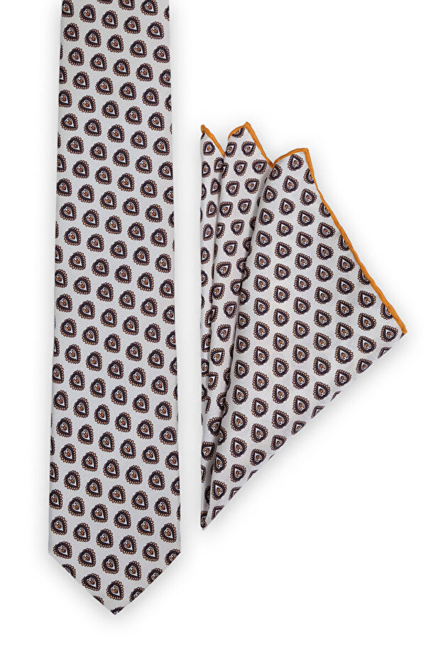 طقم ربطة عنق حريرية منقوشة بلون الكريم - 2