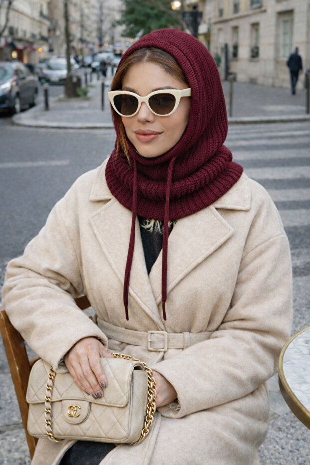 Bordo Balaclava Bere Triko Kadin - 2