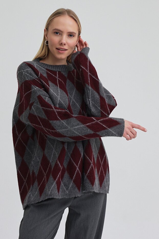 Argyle Triko Kazak Bordo - 8