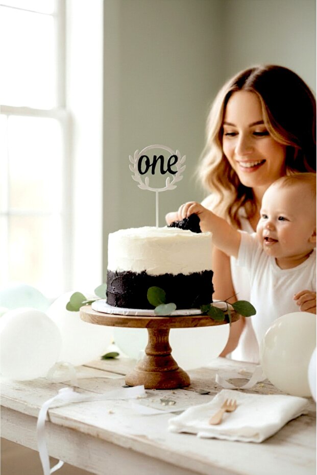 1 Year Old Wooden Cake and Cupcake Topper | Minimal & Noble Design | 7X12 cm Birthday Ornament One