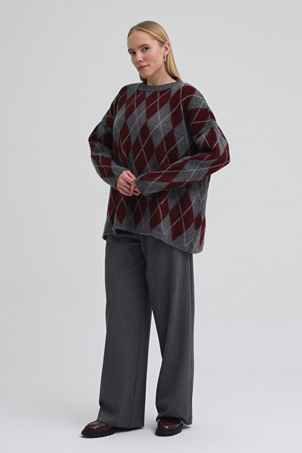 Argyle Triko Kazak Bordo - 4