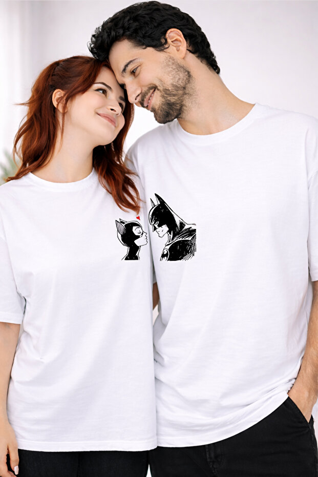 Batman Cat Woman Silhouette Printed Pair T-Shirt Set Loose Fit Cotton Oversized