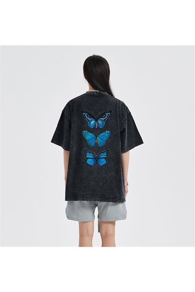 Washable Triple Blue Butterfly Back Printed Unisex Oversized Vintage T-Shirt