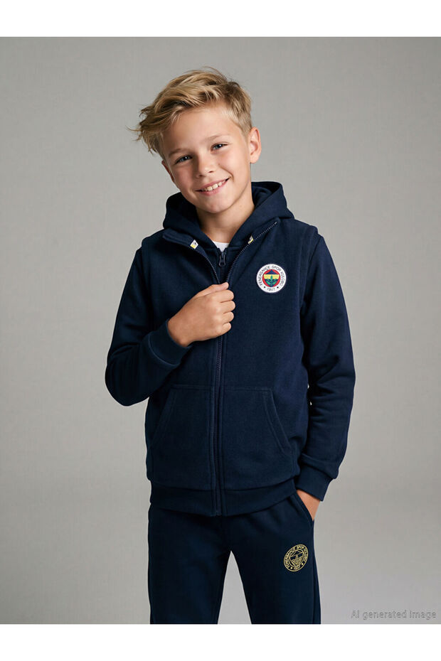 Navy Blue Stand Collar Fenerbahçe Printed Fleece Boy's Vest