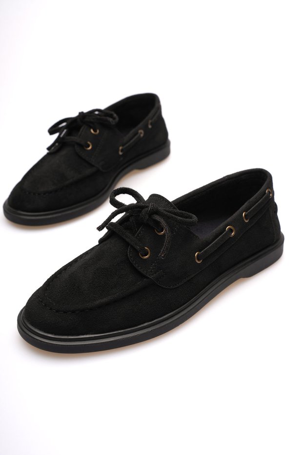 Women's Black Suede Daily Comfortable Sole Lace-Up Loafer Shoes
