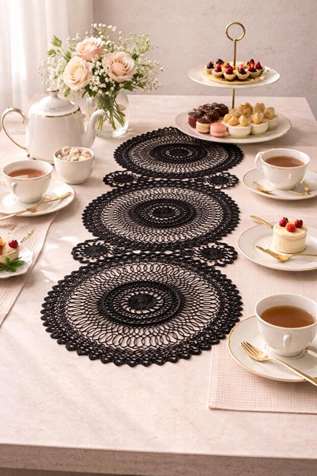 Black Lace Runner Tablecloth | Stylish and Decorative Living Room & Kitchen Runner 110X37 cm