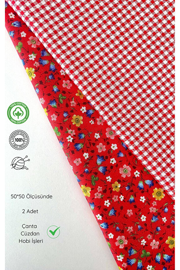 seyranat Çanta, Cüzdan, Hobi İşleri İçin 2 Adet 50 cm Kırmızı Çiçekli ve Pötikare Desenli Pamuklu Parça Kumaş