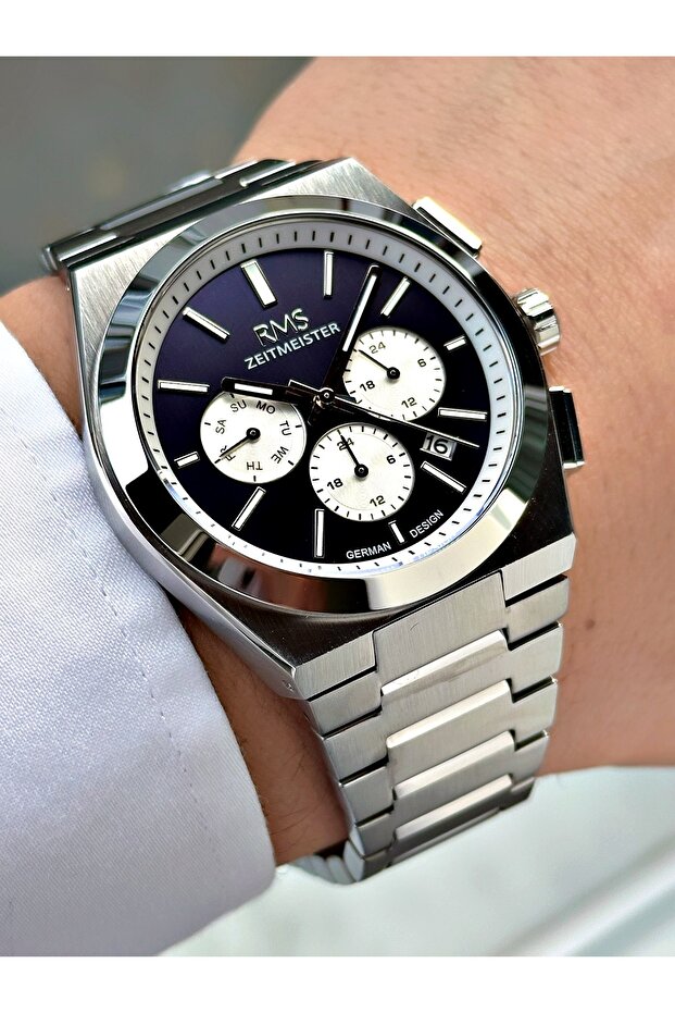 Functional Silver-Navy Color Steel Band Steel Case Men's Wristwatch 1496.02Mr