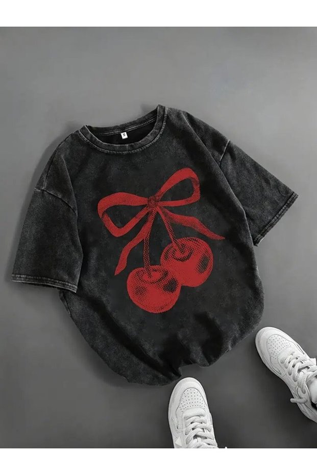 Washable Ribbon Cherry Printed Unisex Oversized Vintage T-Shirt