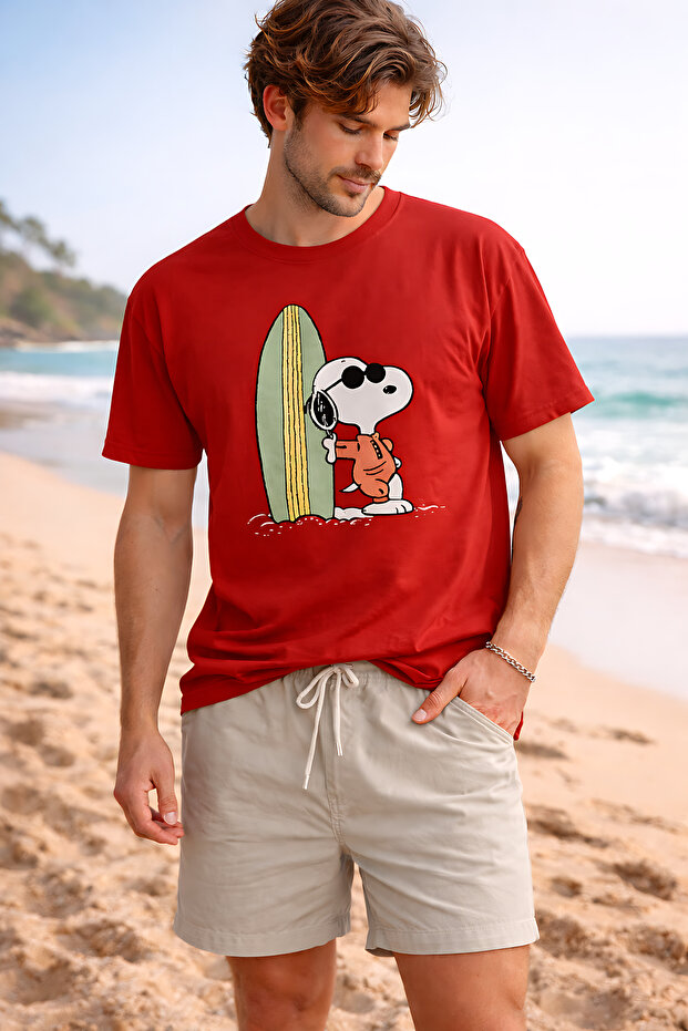 Snoopy Skiing Printed Cotton Relaxed Fit Round Neck Unisex T-Shirt