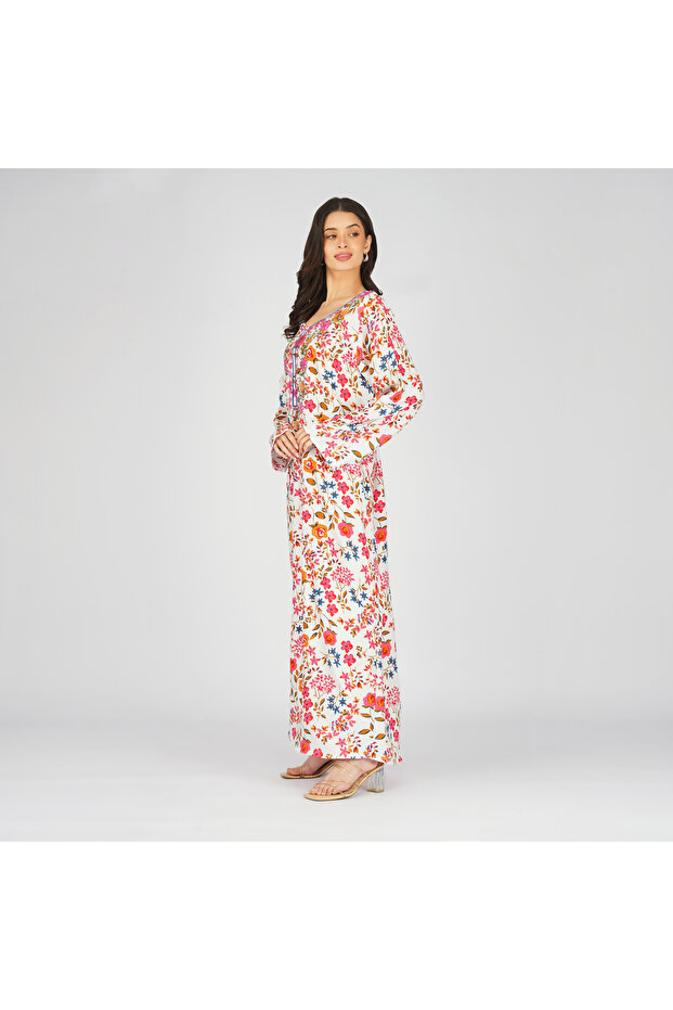 White Multicolor Floral Printed Jalabiya with Embroidered Neckline