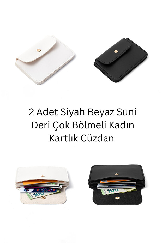 2 Pieces Black and White Faux Leather Multi-Compartment Women's Card Holder Wallet Set - 13X9 cm