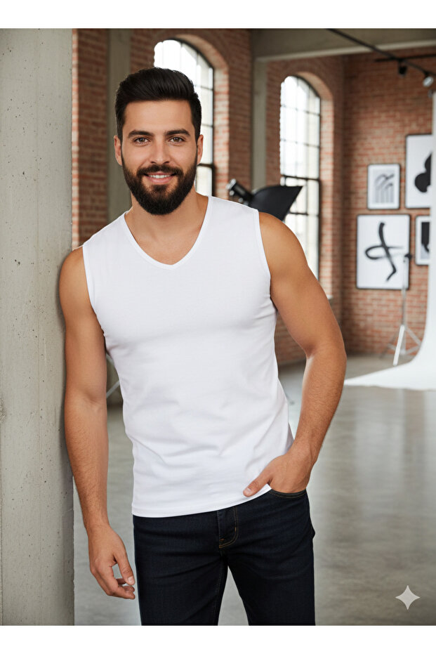 Lüx Erşah 504 Series 95% Cotton Stretch Fabric V-Neck Zero Sleeve Men's Undershirt 3-Pack