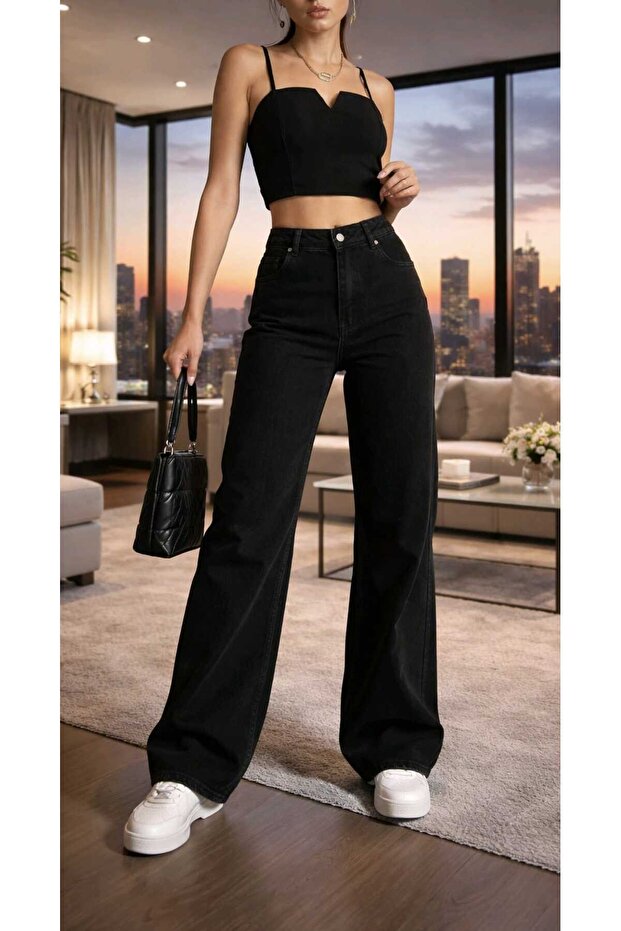 Tokyo Blue Stretch Fabric Super High-Waist Relaxed Leg Denim Palazzo Pants