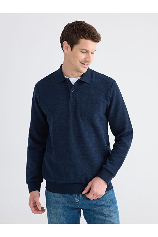 Lcwaikiki Classic Navy Blue Polo Collar Men's Sweatshirt