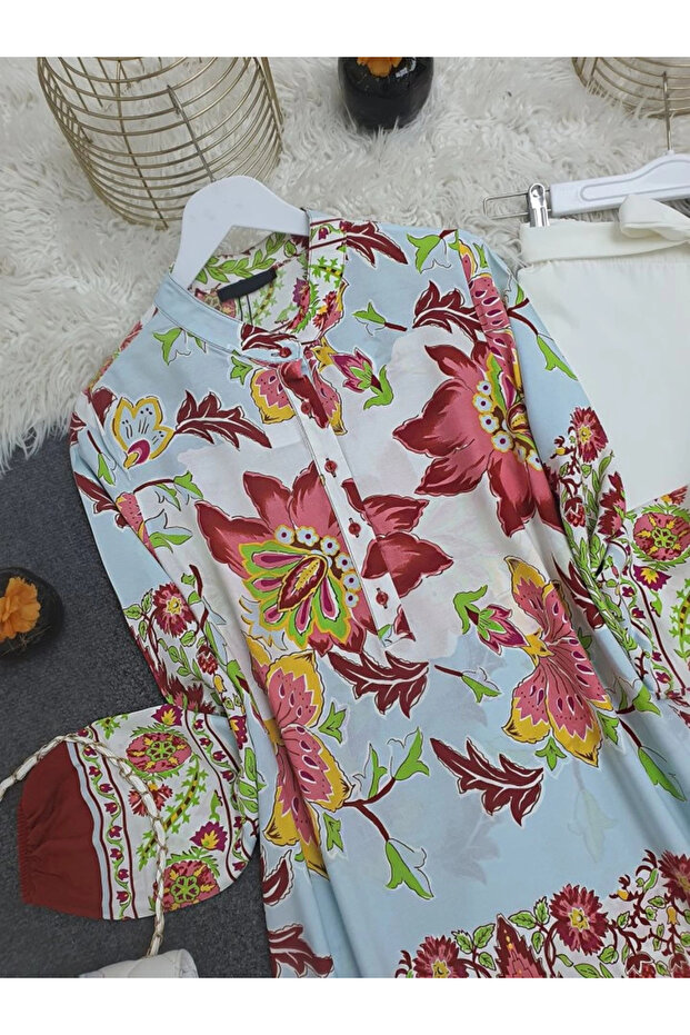 نمط الزهور نصف زر تونك قطن فيسكوز - الطوب - 4