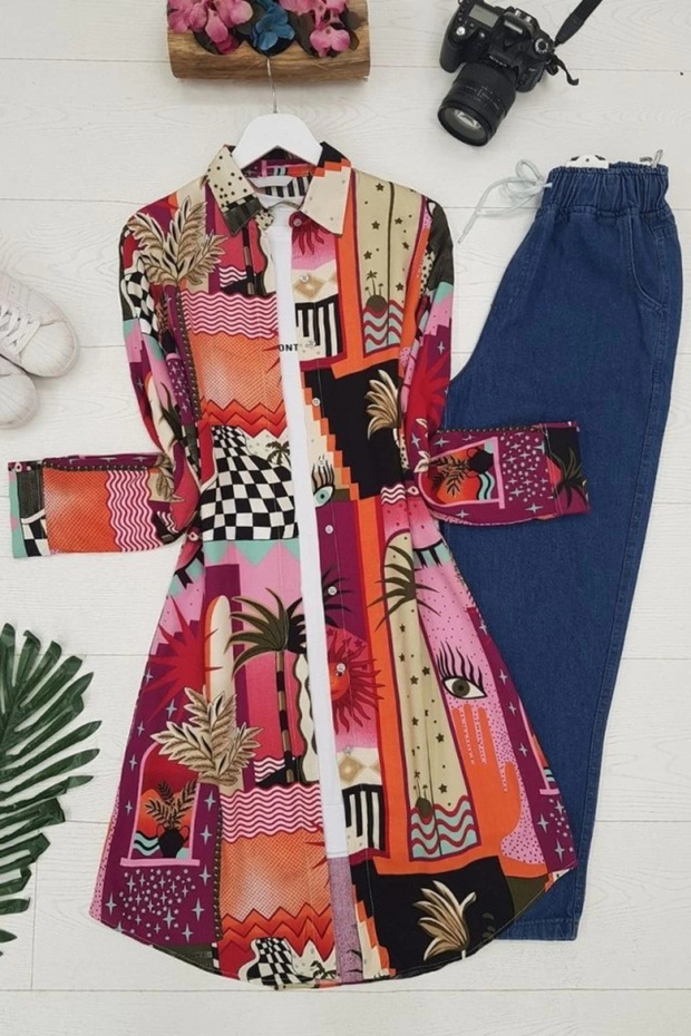 تونيك طويل مطبوع - برتقالي - 2