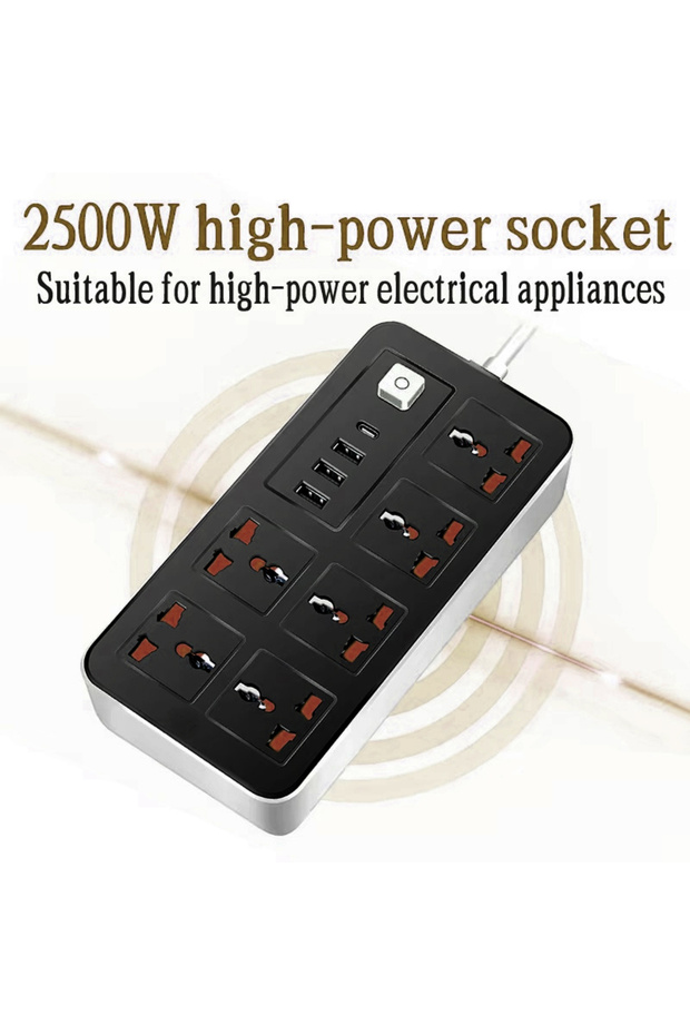 شريط طاقة مزود بمقبس مسطح وواقي من زيادة التيار، ومنافذ تيار متردد متعددة، و3 منافذ USB، وشريط طاقة صغير الحجم. - 7